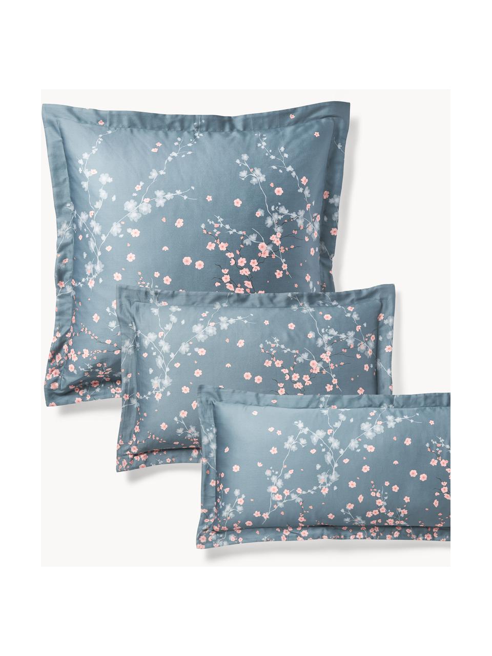 Katoenensatijnen kussenhoes Sakura met bloemenprint, Weeftechniek: satijn Draaddichtheid 250, Blauw, lichtroze, wit, B 60 x L 70 cm