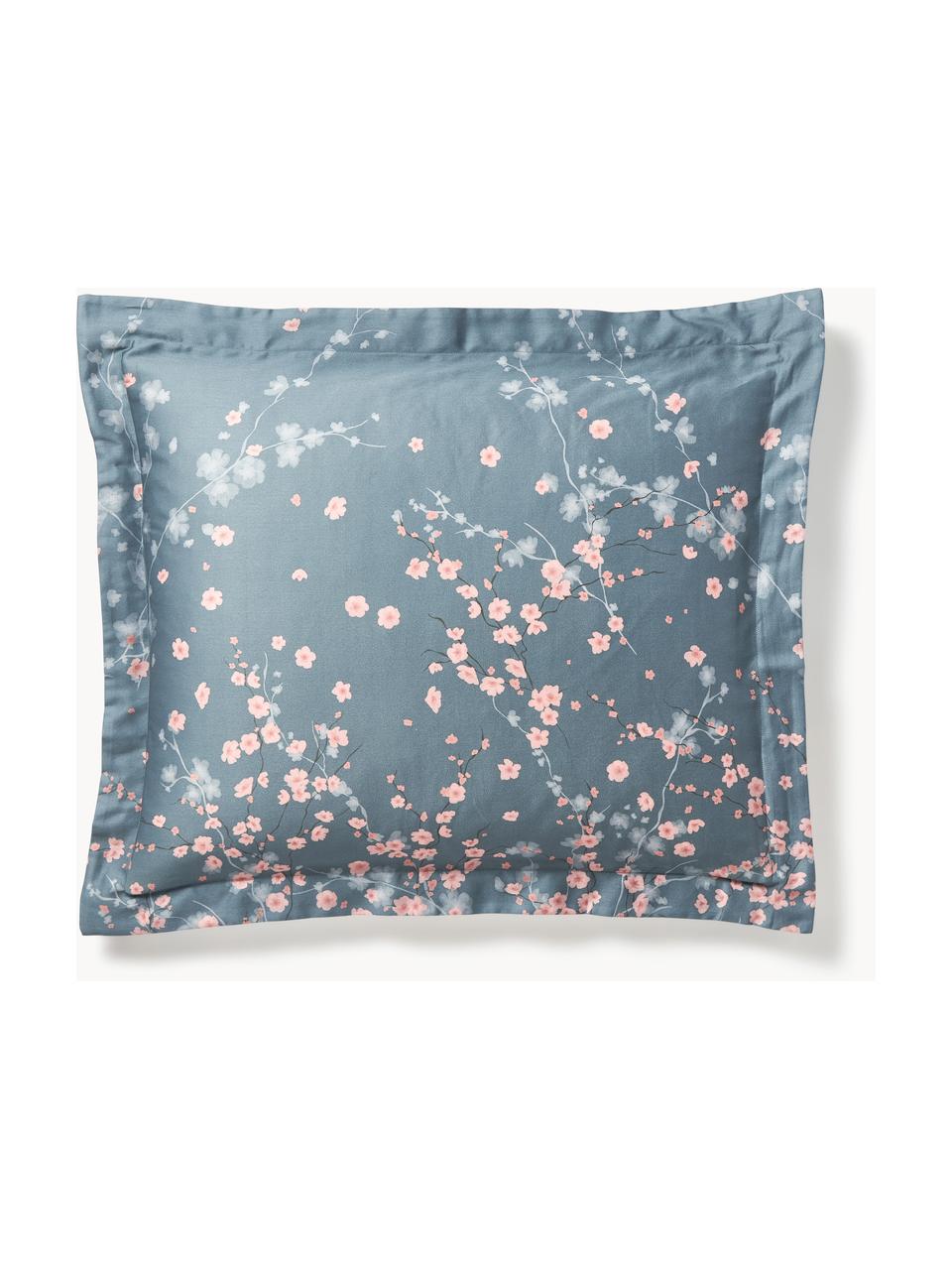 Katoenensatijnen kussenhoes Sakura met bloemenprint, Weeftechniek: satijn Draaddichtheid 250, Blauw, lichtroze, wit, B 60 x L 70 cm