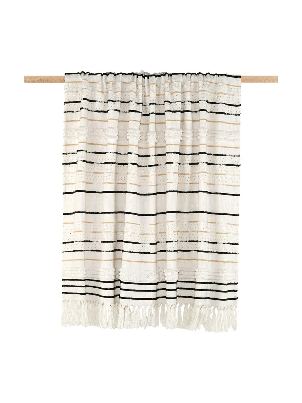 Plaid Lena met structuurpatroon en pailletten, Plaid: katoen, Gebroken wit, zwart, lichtbeige, 130 x 170 cm