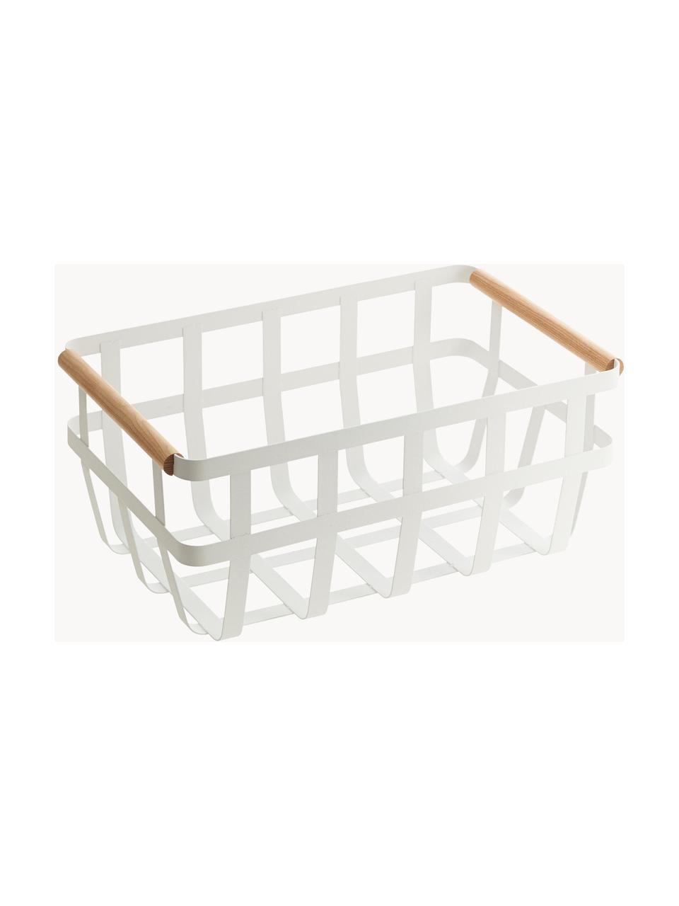 Cesta de metal con asas de madera Tosca, Estructura: metal recubierto, Blanco, madera clara, An 36 x Al 16 cm