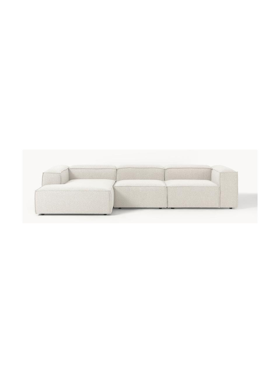 Divano angolare componibile in bouclé Lennon, Rivestimento: bouclé (100% poliestere) , Struttura: legno di pino massiccio, , Piedini: plastica Questo prodotto , Bouclè bianco latte, Larg. 327 x Prof. 180 cm, chaise longue a destra