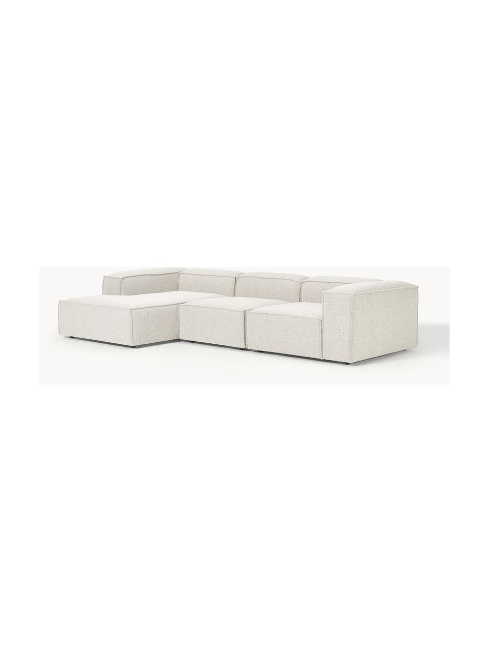 Divano angolare componibile in bouclé Lennon, Rivestimento: bouclé (100% poliestere) , Struttura: legno di pino massiccio, , Piedini: plastica Questo prodotto , Bouclè bianco latte, Larg. 327 x Prof. 180 cm, chaise loungue a sinistra