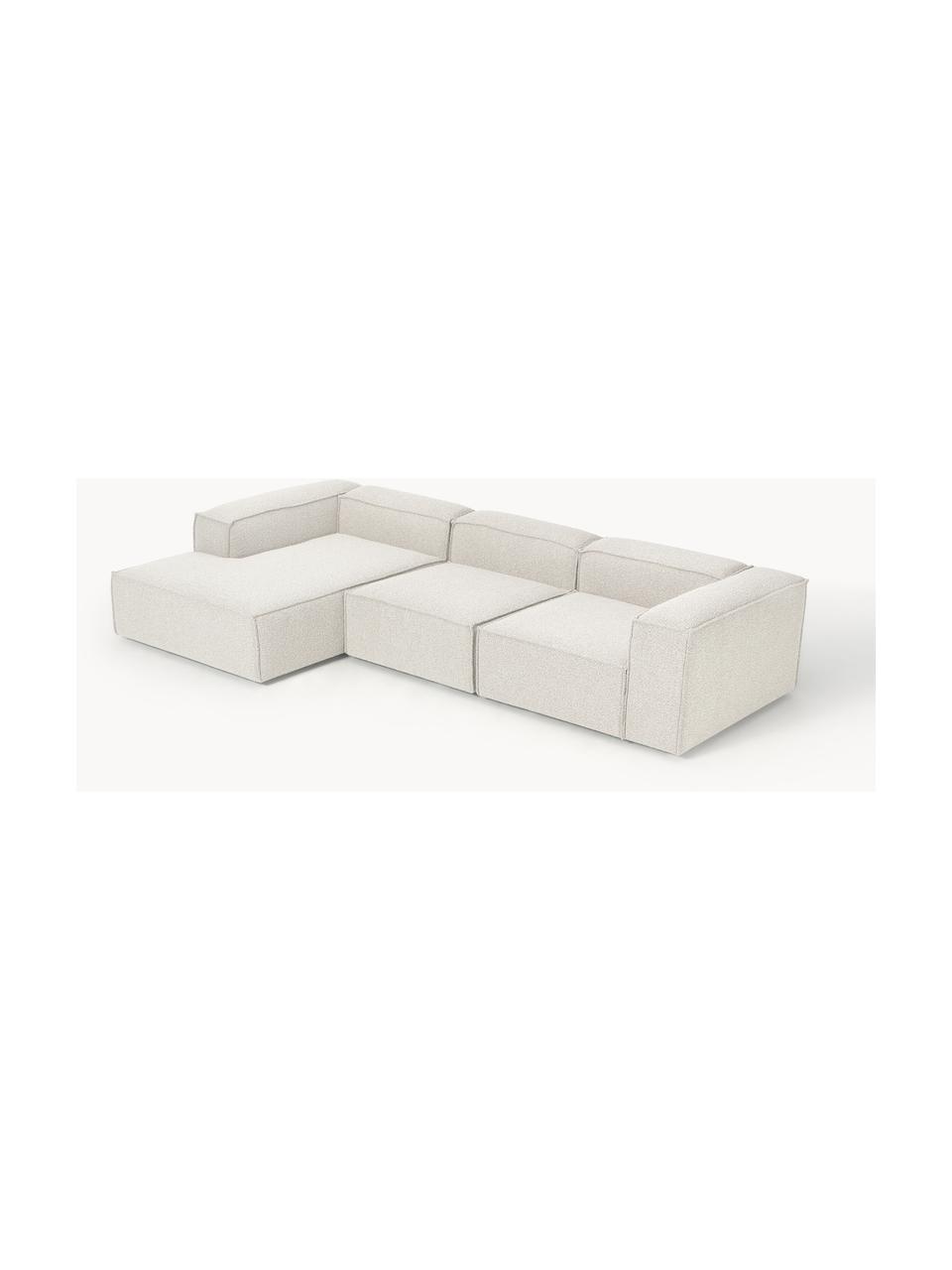 Narożna sofa modułowa bouclé Lennon, Tapicerka: bouclé (100% poliester) D, Stelaż: lite drewno sosnowe z cer, Nogi: tworzywo sztuczne, Bouclé w odcieniu złamanej bieli, S 327 x G 180 cm, lewostronna