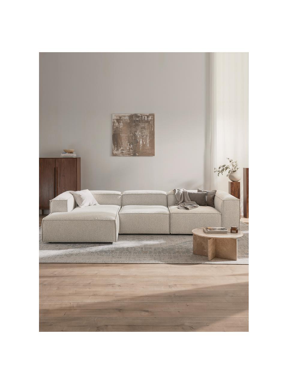 Divano angolare componibile in bouclé Lennon, Rivestimento: bouclé (100% poliestere) , Struttura: legno di pino massiccio, , Piedini: plastica Questo prodotto , Bouclè bianco latte, Larg. 327 x Prof. 180 cm, chaise longue a destra