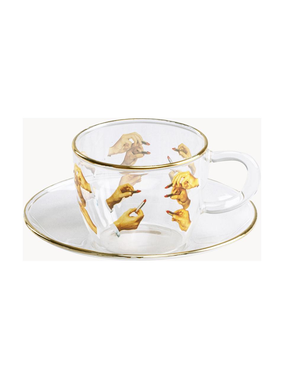 Designer Kaffeetasse Toiletpaper mit Lipsticks, Rand: Gold, Transparent, Gelb, Ø 7 x H 5 cm, 110 ml