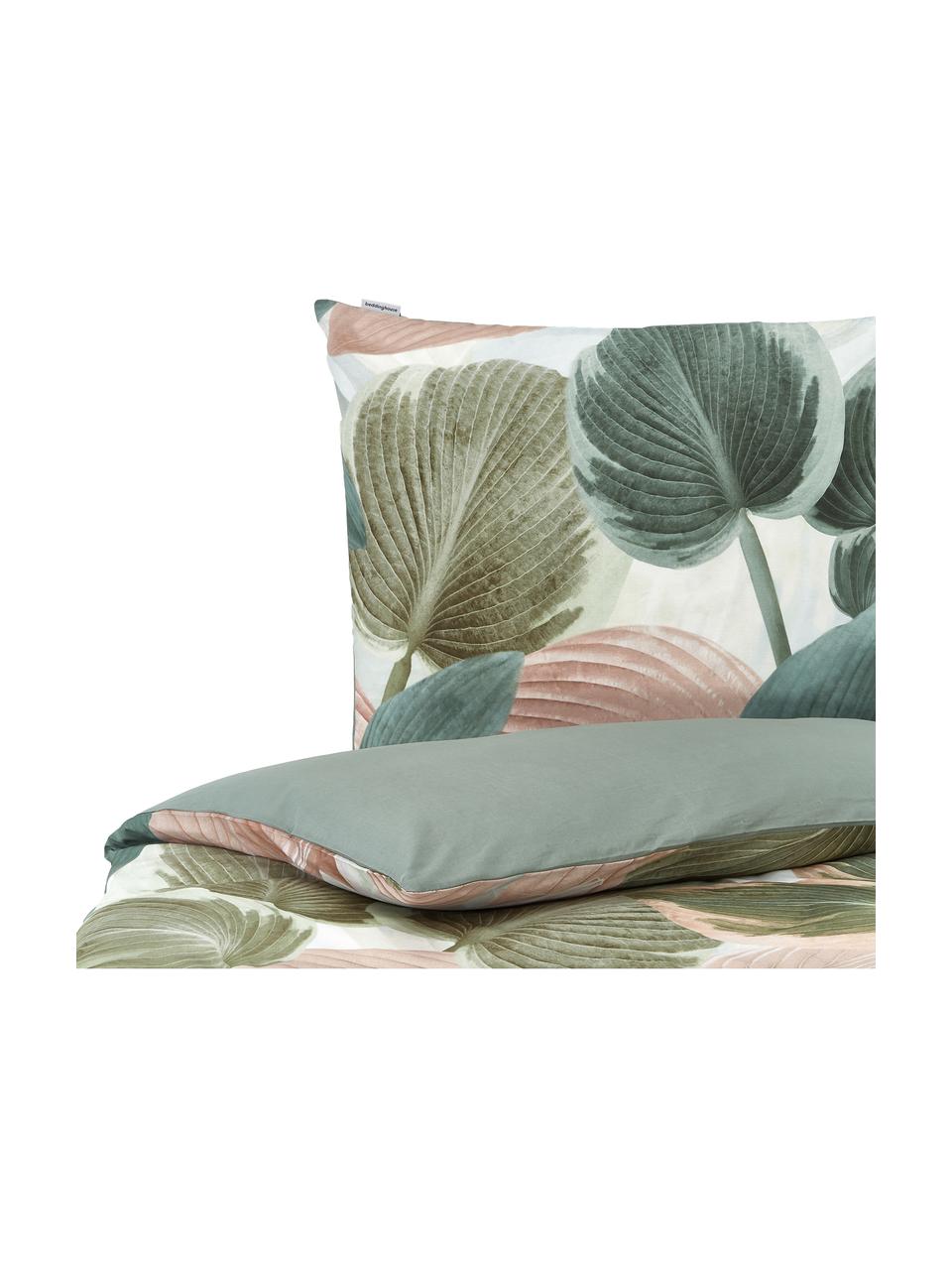 Bavlnená posteľná bielizeň s tropickým motívom Hosta, Zelená, bledoružová, krémovobiela