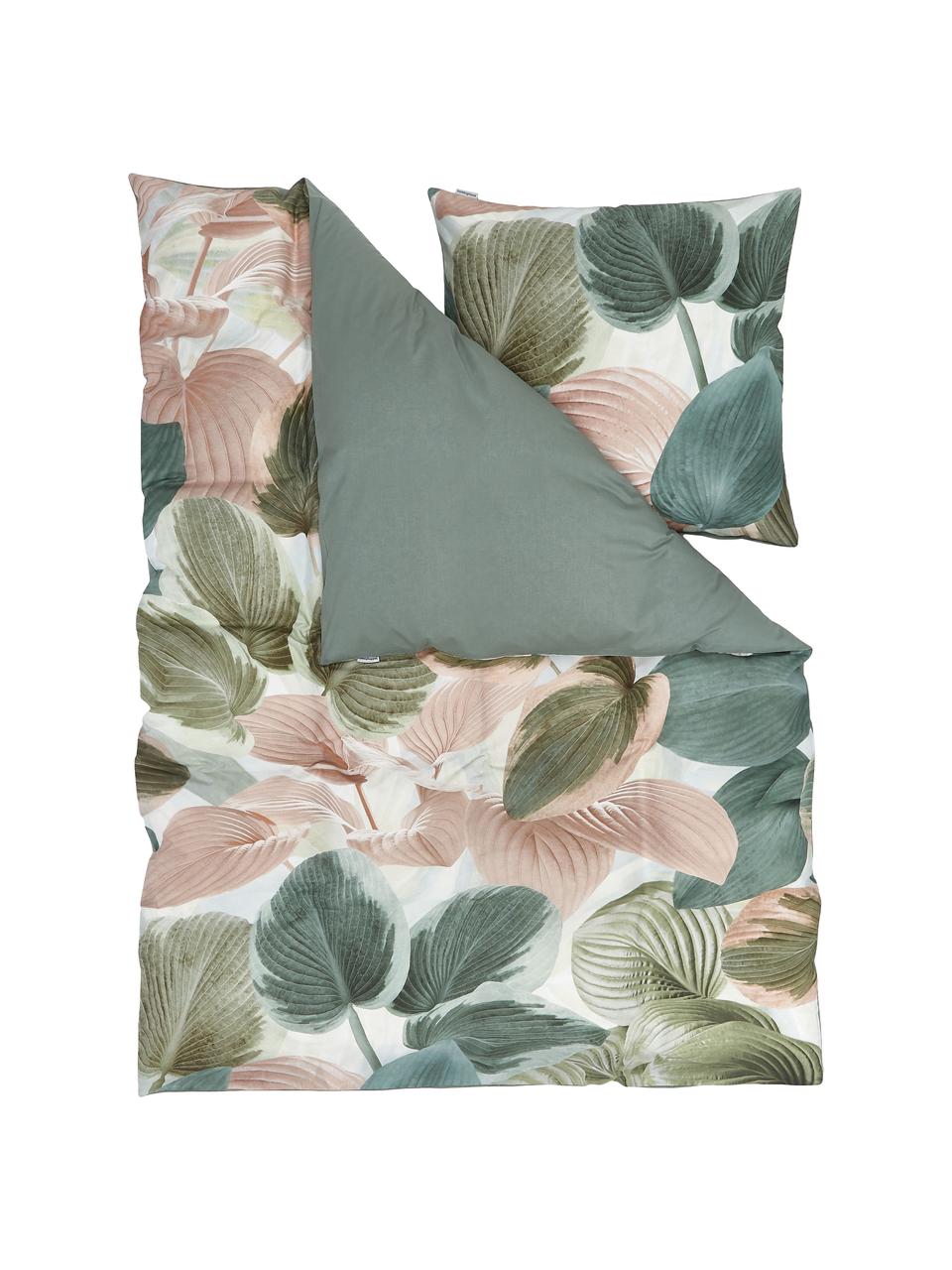 Bavlnená posteľná bielizeň s tropickým motívom Hosta, Zelená, bledoružová, krémovobiela