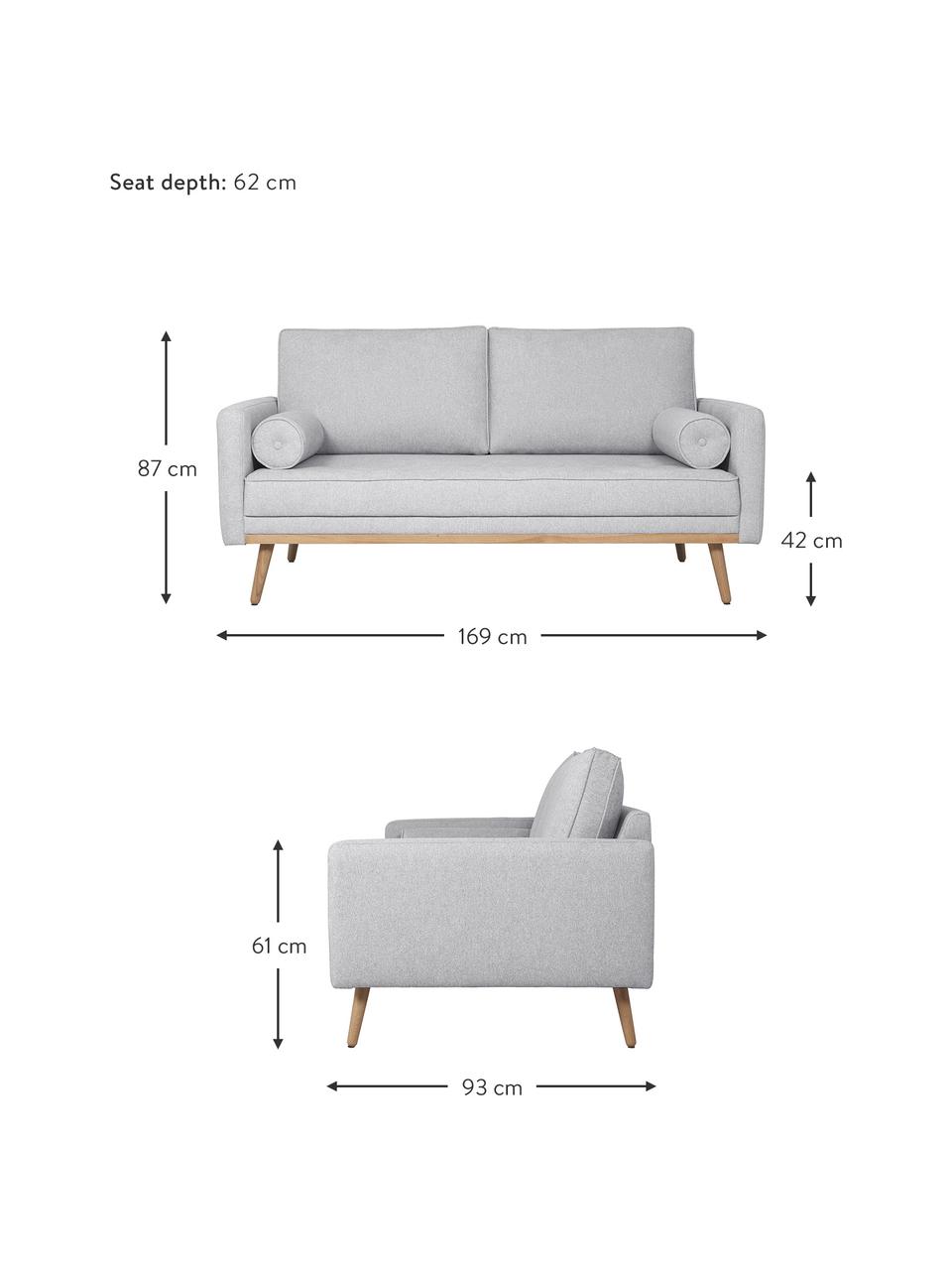 Sofa z nogami z drewna dębowego Saint (2-osobowa), Tapicerka: poliester Dzięki tkaninie, Jasnoszara tkanina, S 169 x G 87 cm