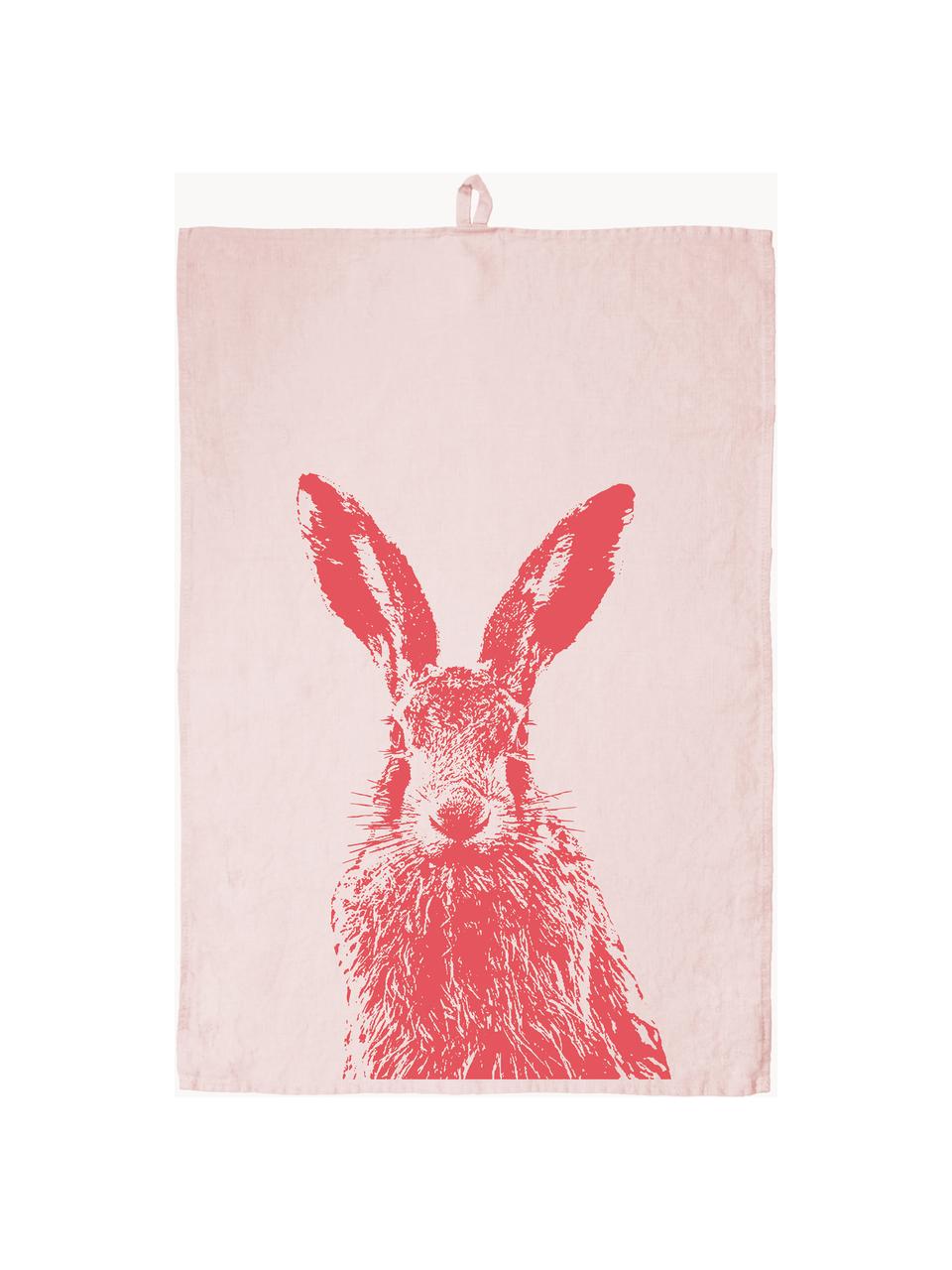 Torchon en lin sérigraphié à la main Lapin de Campagne, 100 % pur lin, Rose pâle, rouge corail, larg. 50 x long. 70 cm