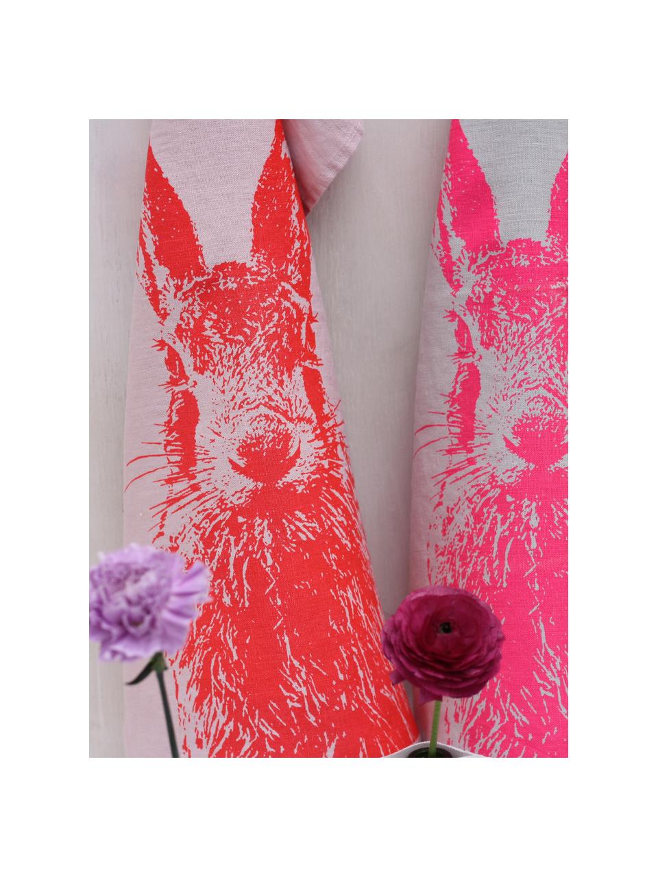 Torchon en lin sérigraphié à la main Lapin de Campagne, 100 % pur lin, Rose pâle, rouge corail, larg. 50 x long. 70 cm