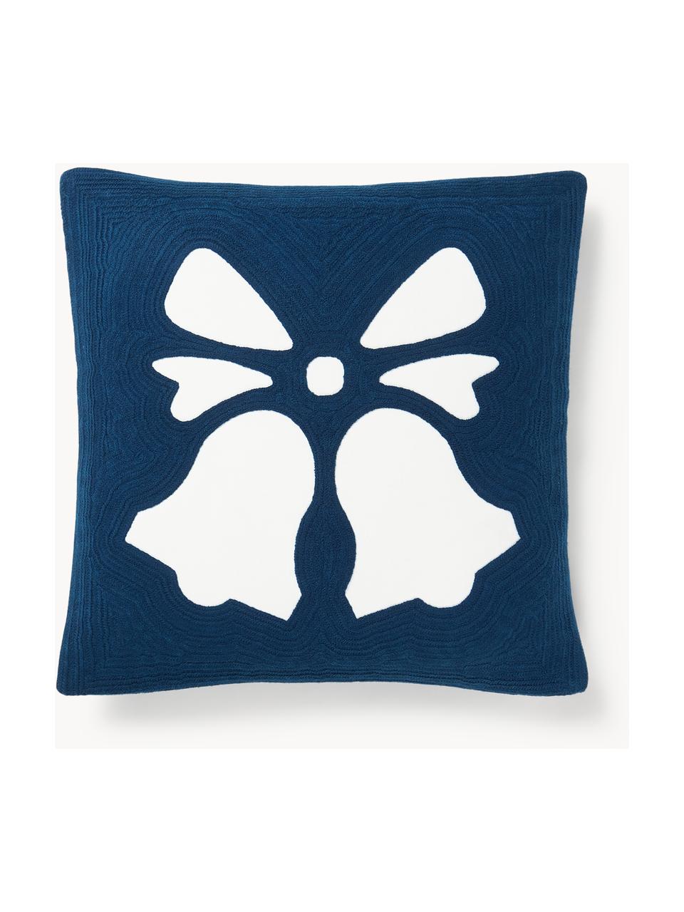 Housse de coussin brodée avec motif cloche Elysia, Bleu foncé, blanc, larg. 50 x long. 50 cm