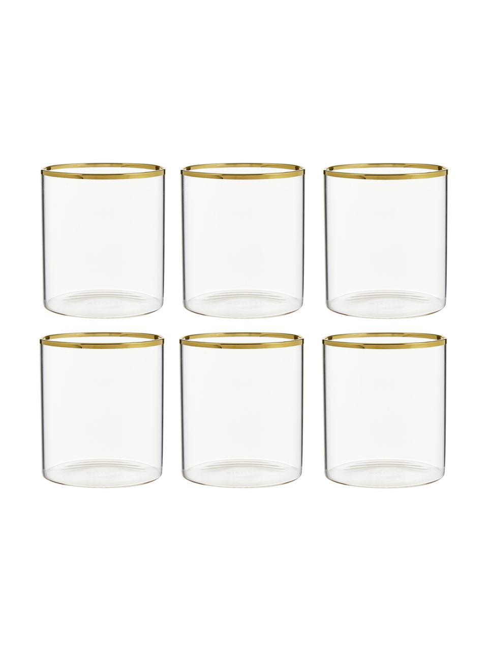 Waterglazen Boro van borosilicaatglas met goudkleurige rand, 6 stuks, Borosilicaatglas, Transparant, goudkleurig, Ø 8 x H 9 cm