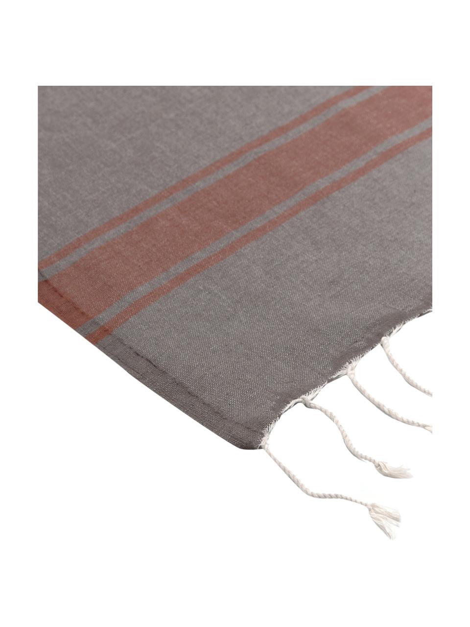 Fouta rayé à franges St Tropez, 100 % coton, Taupe, blanc, terracotta, larg. 100 x long. 200 cm