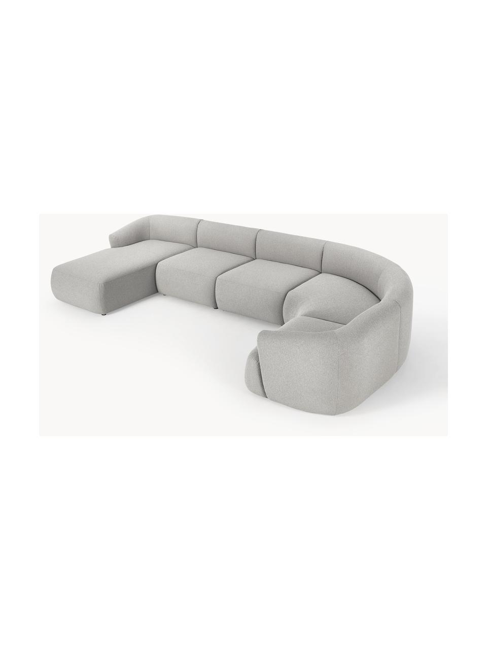 Salon lounge modulable en bouclette Sofia, Bouclette gris clair, larg. 404 x prof. 231 cm, méridienne à droite