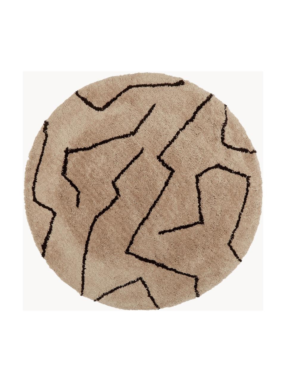 Rond hoogpolig vloerkleed Davin in taupe, handgetuft, Bovenzijde: 100% polyester microvezel, Onderzijde: gerecycled polyester, Taupe, Ø 200 cm (maat L)