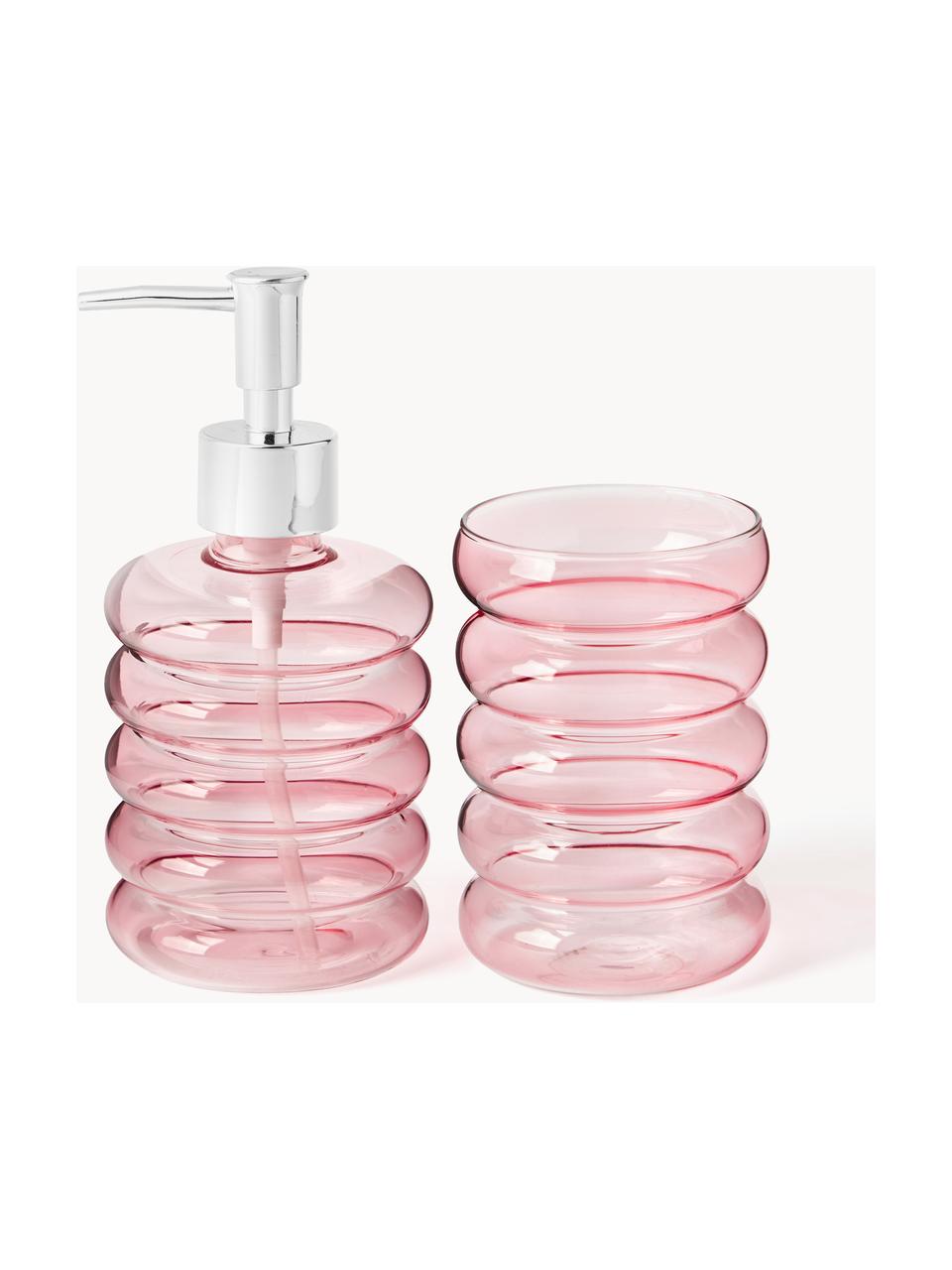 Set de accesorios de baño de vidrio soplado artesanalmente Bubbly, 2 pzas., Rosa claro transparente, Set de diferentes tamaños