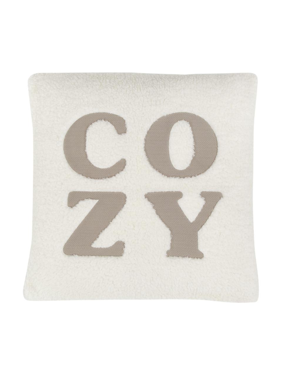 Federa arredo ricamata in teddy color crema Cozy, 100% poliestere  (peluche), Color crema, beige, Larg. 45 x Lung. 45 cm
