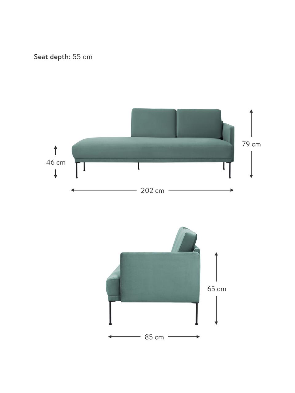 Zamatový šezlong s kovovými nohami Fluente, Zamatová svetlozelená, Š 202 x H 85 cm, s operadlom napravo