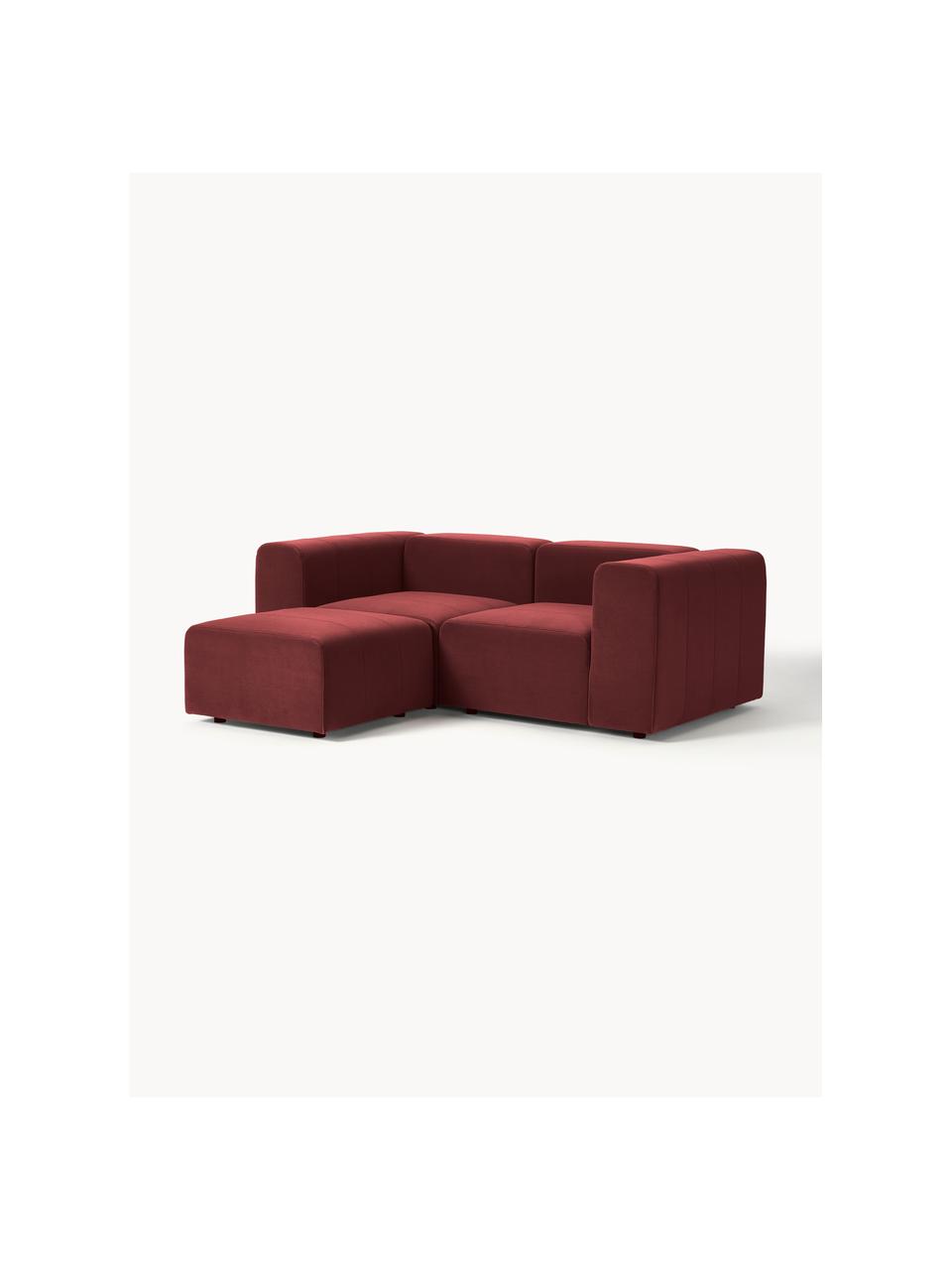 Modulares Samt-Sofa Lena (3-Sitzer) mit Hocker, Bezug: Samt (100 % Polyester) De, Gestell: Kiefernholz, Schichtholz,, Samt Weinrot, B 209 x T 181 cm