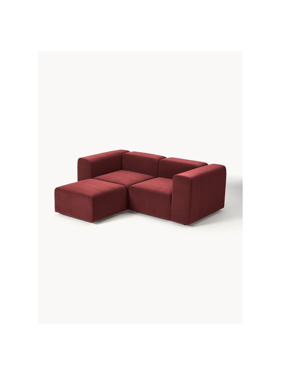 Modulares Samt-Sofa Lena (3-Sitzer) mit Hocker, Bezug: Samt (100 % Polyester) De, Gestell: Kiefernholz, Schichtholz,, Samt Weinrot, B 209 x T 181 cm