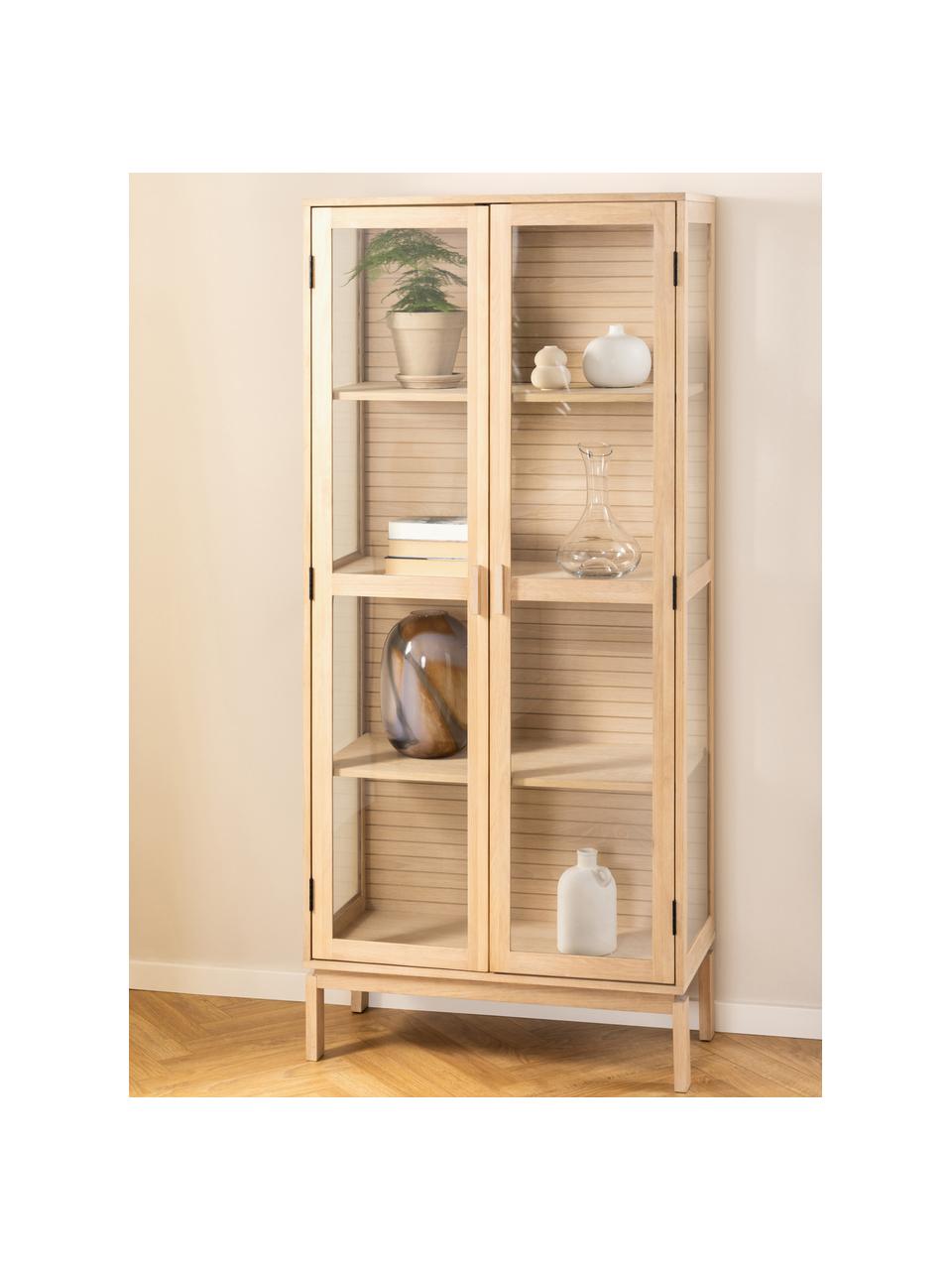 Vitrina de madera con puertas de vidrio Linley, Estructura: chapa de roble, Madera de roble, transparente, An 80 x Al 180 cm