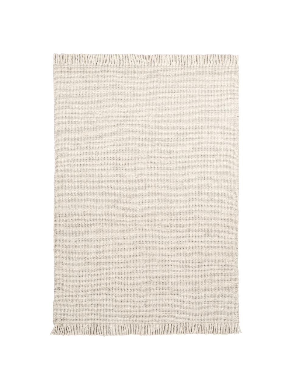 Handgewebter Wollteppich Alvin in Creme mit Fransenabschluss, Flor: 60% Wolle, 40% Viskose, Creme, B 200 x L 290 cm (Größe L)