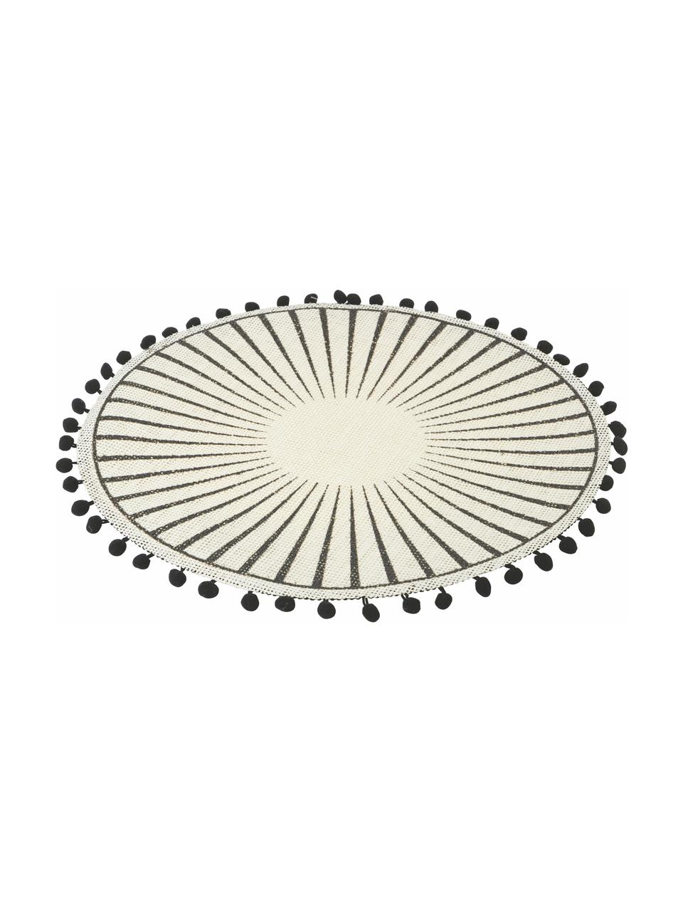 Placemats Blackpon met pompoms, 6 stuks, Jutekleurig, Wit, zwart, Ø 38 cm
