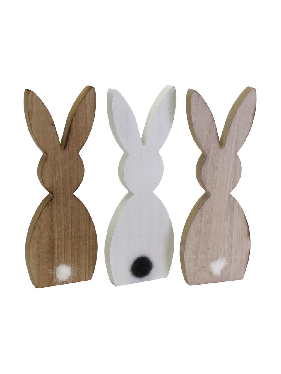 Set 3 coniglietti decorativi in legno Abelia, Marrone chiaro, bianco, nero, Larg. 11 x Alt. 32 cm