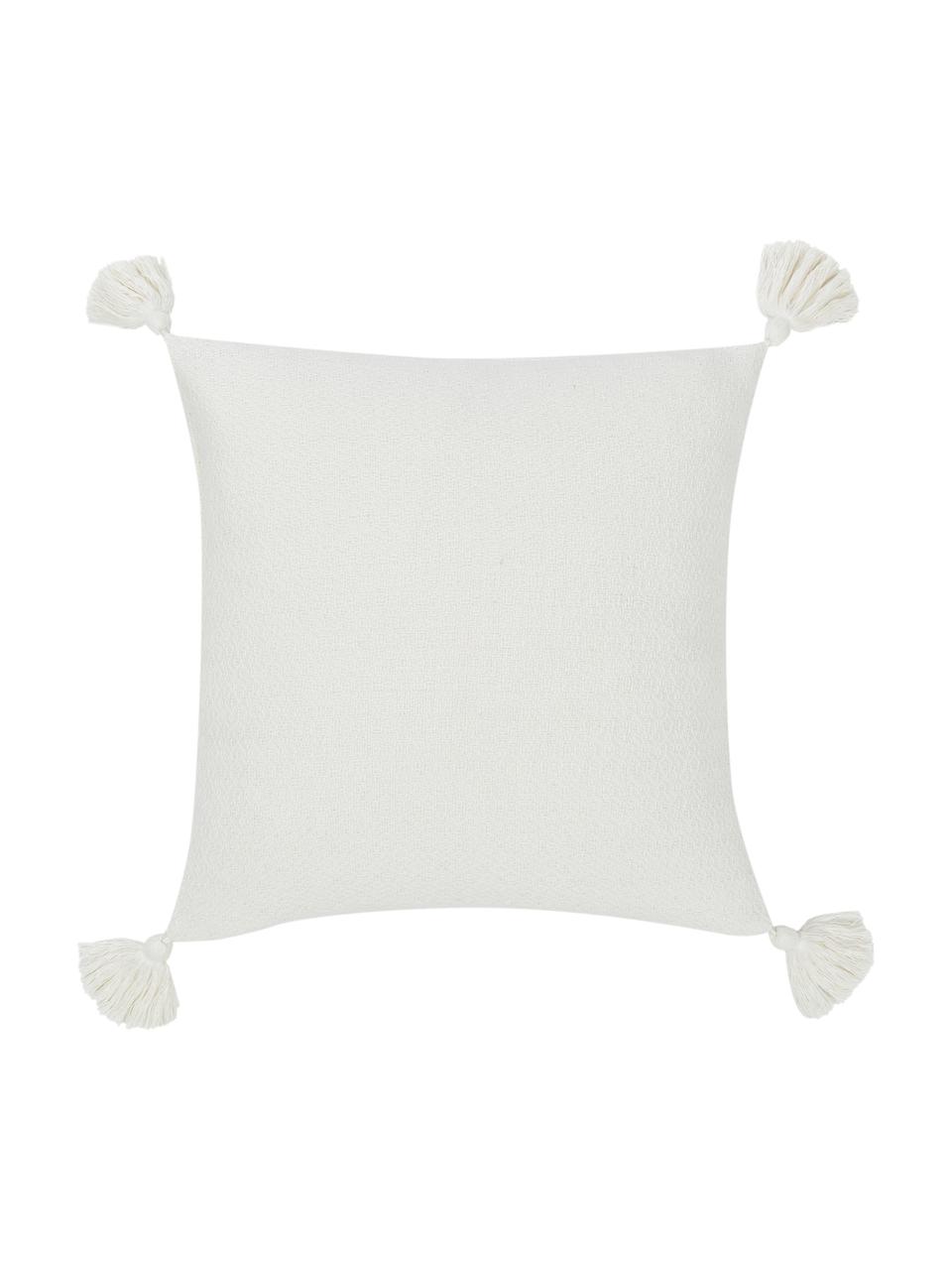 Federa arredo color bianco crema con nappe decorative Lori, 100% cotone, Bianco crema, Larg. 40 x Lung. 40 cm