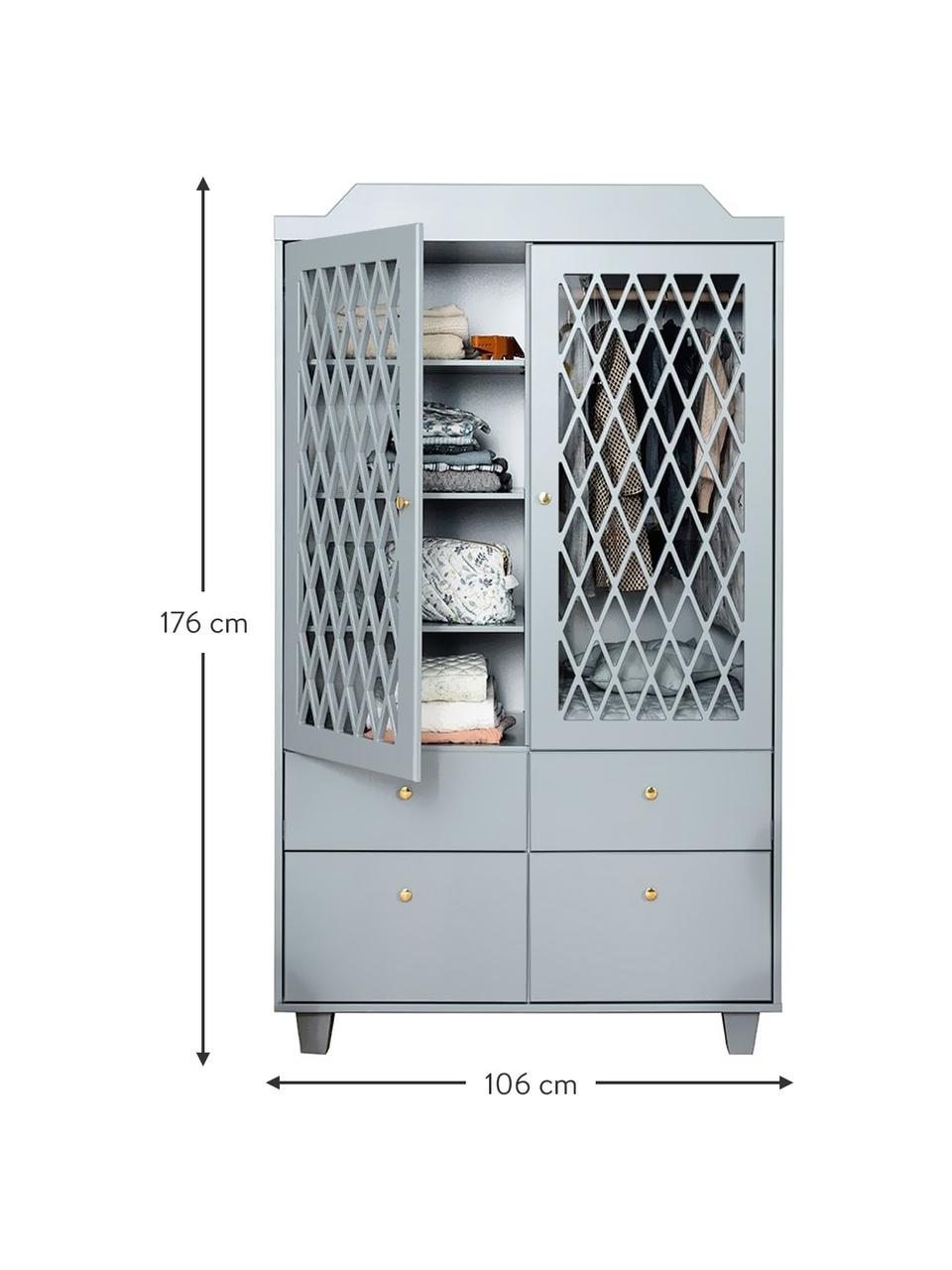 Schrank Harlequin, Front: Plexiglas, Griffe: Messing, Grau, 106 x 176 cm