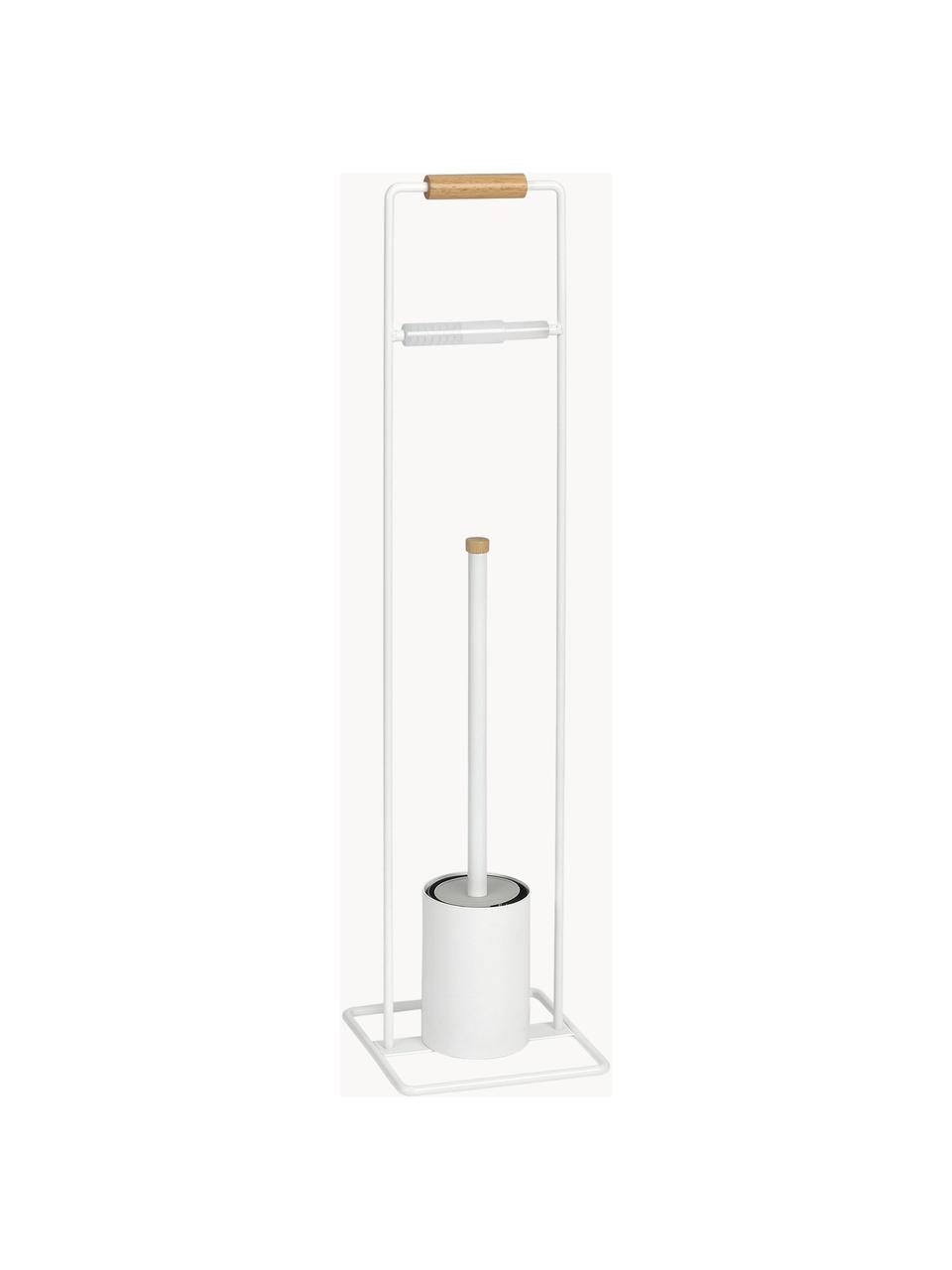 Porte-rouleaux WC avec brosse de toilette Barbican, Métal, bois d'hévéa, laqué, Blanc, bois d'hévéa, larg. 18 x haut. 72cm