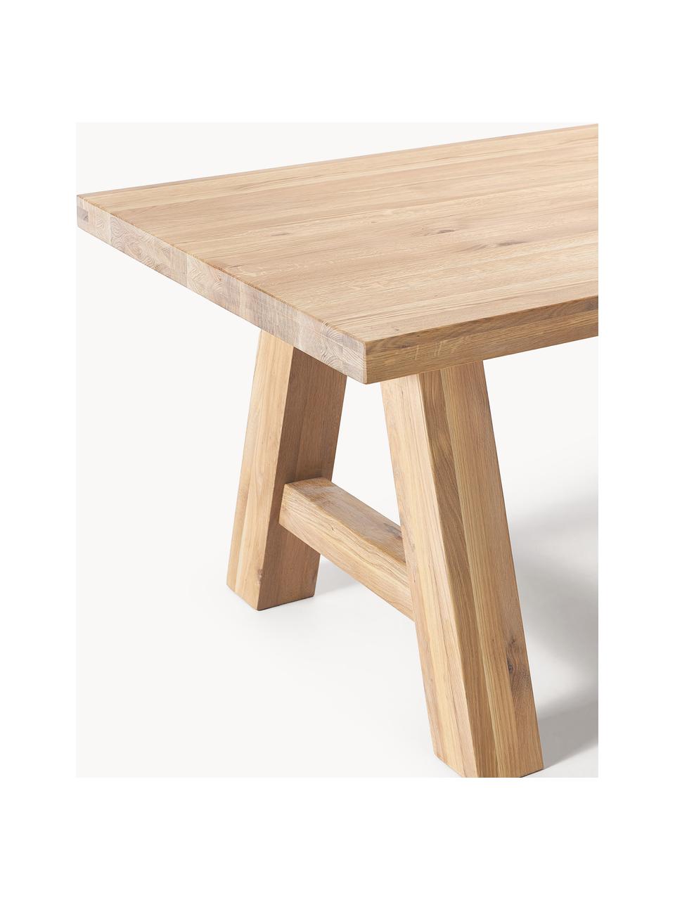 Mesa de comedor de madera de roble Ashton, tamaños diferentes, Madera maciza de roble ligeramente barnizada. 
100% madera procedente de silvicultura sostenible 

Este producto está hecho de madera de origen sostenible y con certificación FSC®., Madera de roble clara barnizada, An 220 x F 100 cm