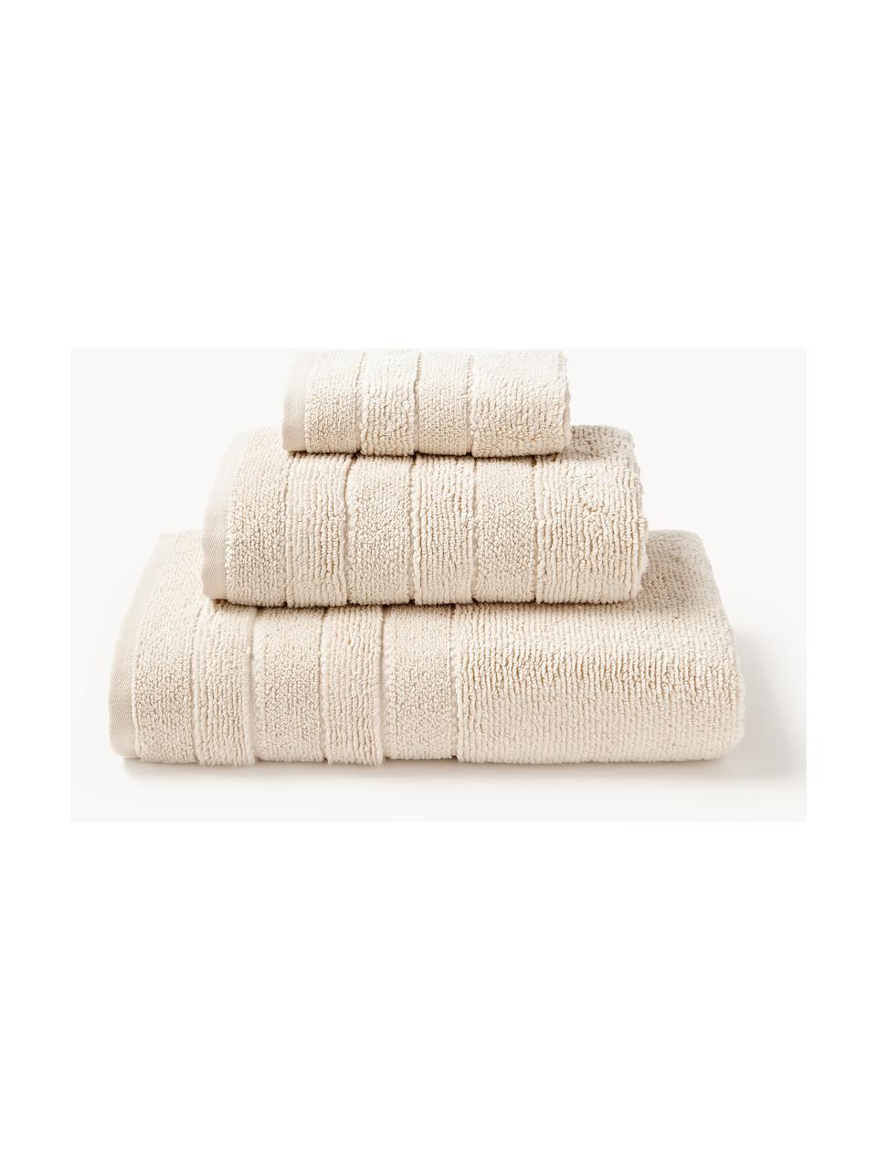 Lot de serviettes de bain avec bordure décorative Luxe, set de tailles variées, Beige clair, 3 éléments (1 serviette invité, 1 serviette de toilette et 1 drap de bain)