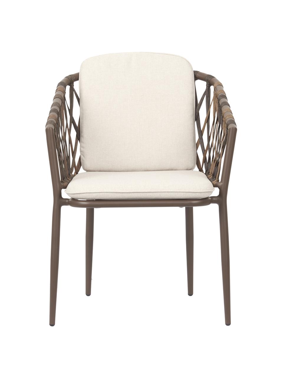 Krzesło ogrodowe z podłokietnikami Hila, Tapicerka: 100% poliester, Korpus: rattan, Kremowobiała tkanina, rattan, S 61 x G 65 cm