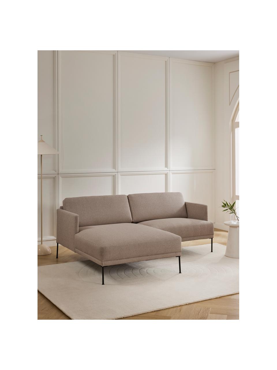 Kleine fluwelen hoekbank Fluente met metalen poten, Bekleding: 100% polyester De slijtva, Frame: massief grenenhout, FSC-g, Poten: gepoedercoat metaal, Geweven stof taupe, B 198 x D 152 cm, hoekdeel links