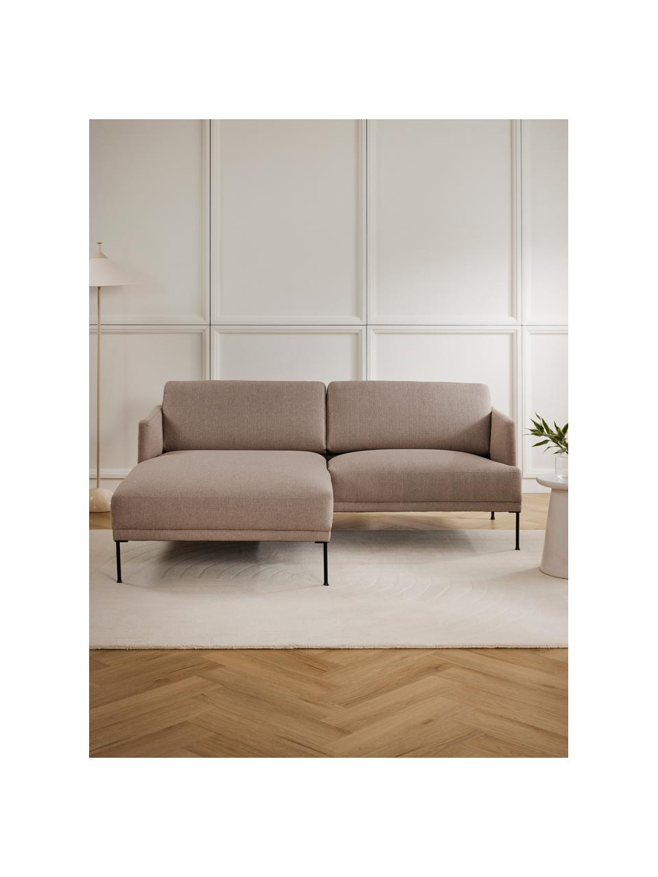 Kleine fluwelen hoekbank Fluente met metalen poten, Bekleding: 100% polyester De slijtva, Frame: massief grenenhout, FSC-g, Poten: gepoedercoat metaal, Geweven stof taupe, B 198 x D 152 cm, hoekdeel links