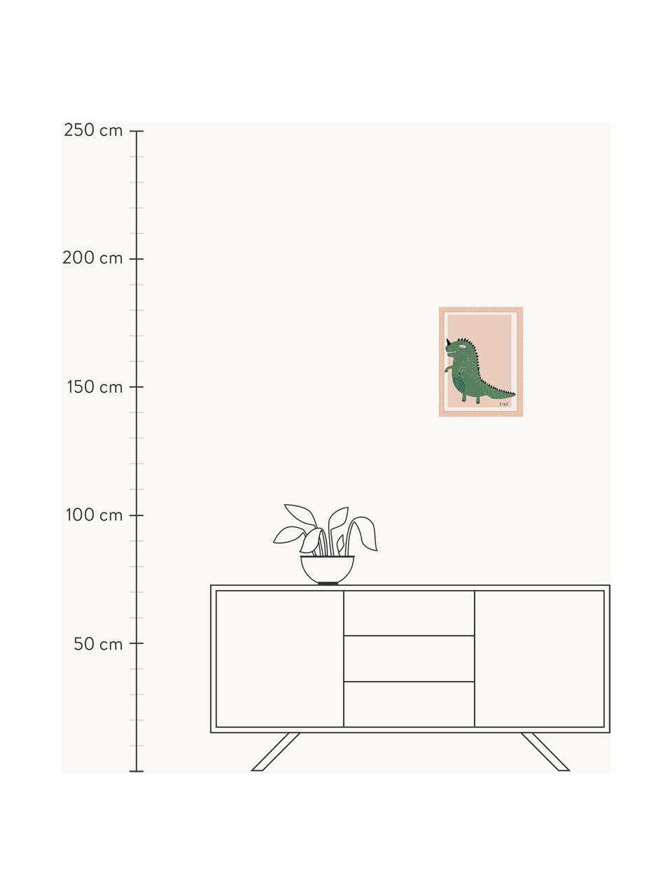 Zarámovaný digitální tisk Dino, Světlé dřevo, broskvová, zelená, Š 33 cm, V 43 cm