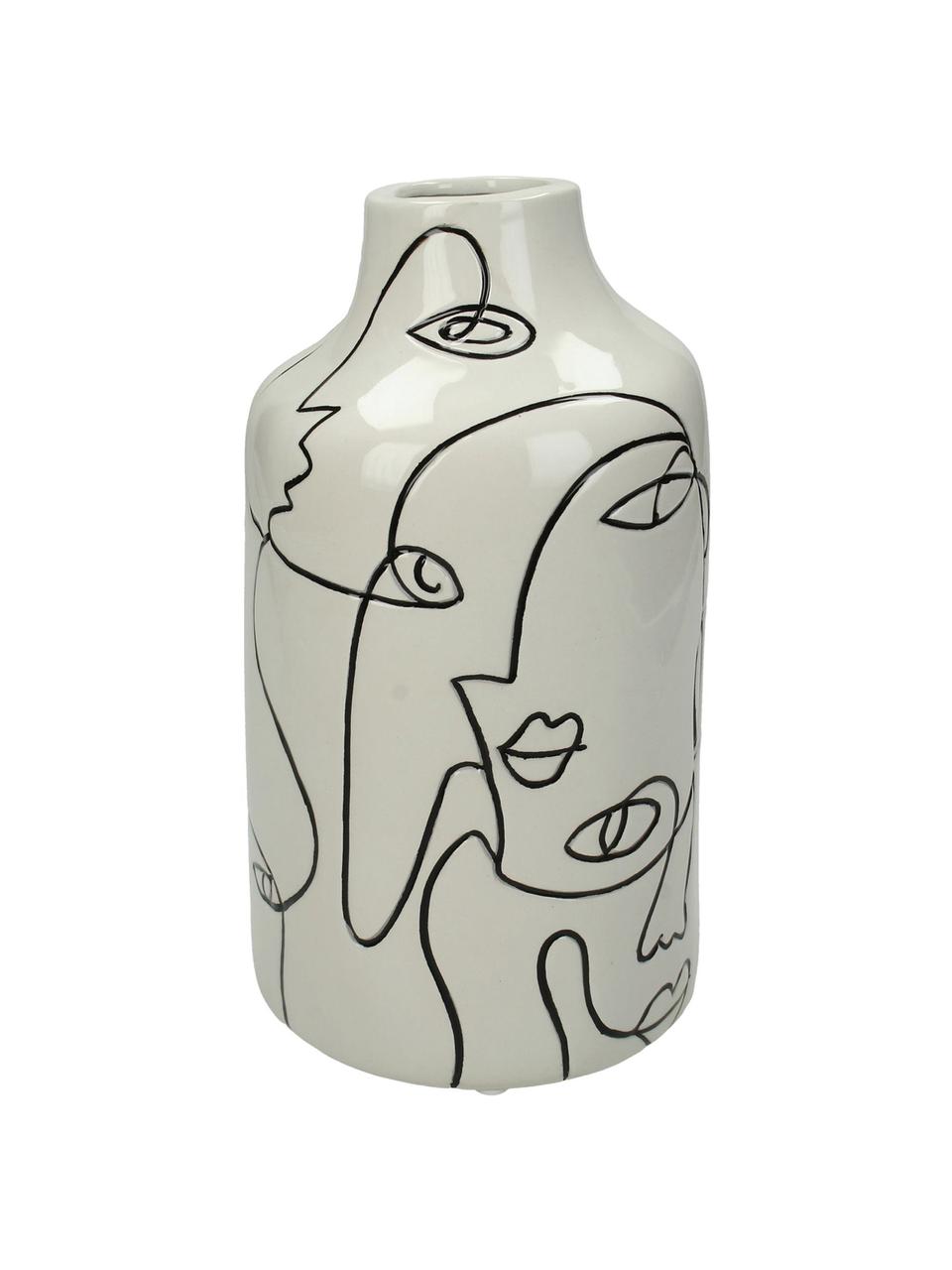Dizajnová váza z kameniny Faces, Kamenina, Krémovobiela, čierna, Ø 11 x V 21 cm