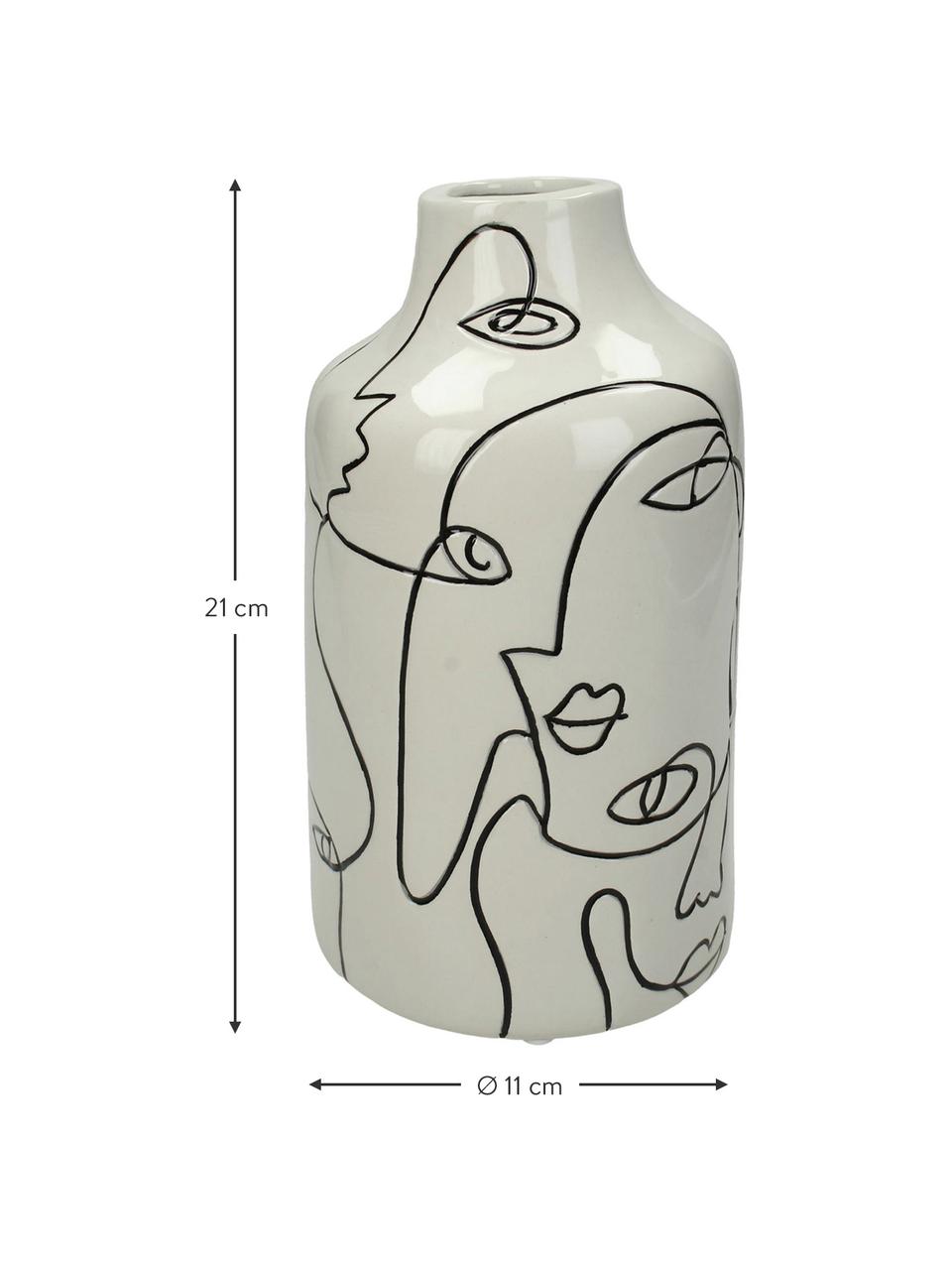 Design-Vase Faces aus Steingut, Steingut, Cremeweiß, Schwarz, Ø 11 x H 21 cm