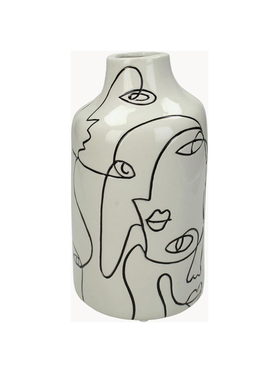 Vaso di design in gres con motivo viso Faces, Gres, Bianco crema, nero, Ø 11 x Alt. 21 cm