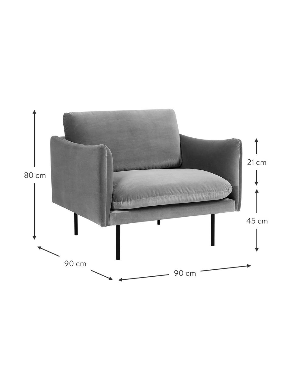 Poltrona in velluto con piedini in metallo Moby, Rivestimento: velluto (rivestimento in , Struttura: legno di pino massiccio, , Piedini: metallo verniciato a polv, Velluto grigio, Larg. 90 x Prof. 90 cm