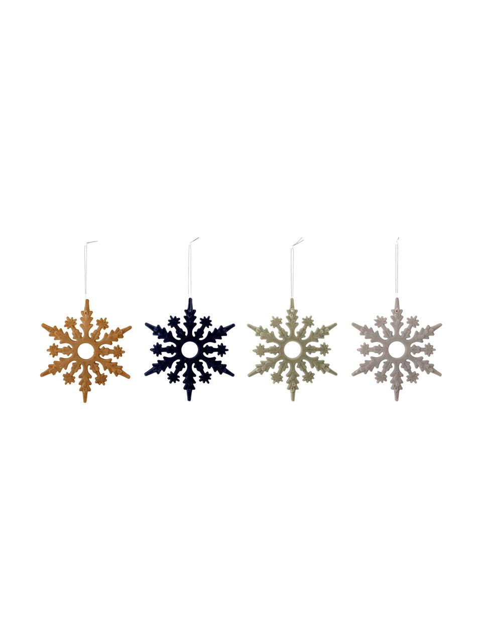 Adornos navideños irrompibles Snowflakes, 4 uds., Plástico, poliéster, Mostaza, azul oscuro, verde menta, gris, Ø 15 x Al 15 cm