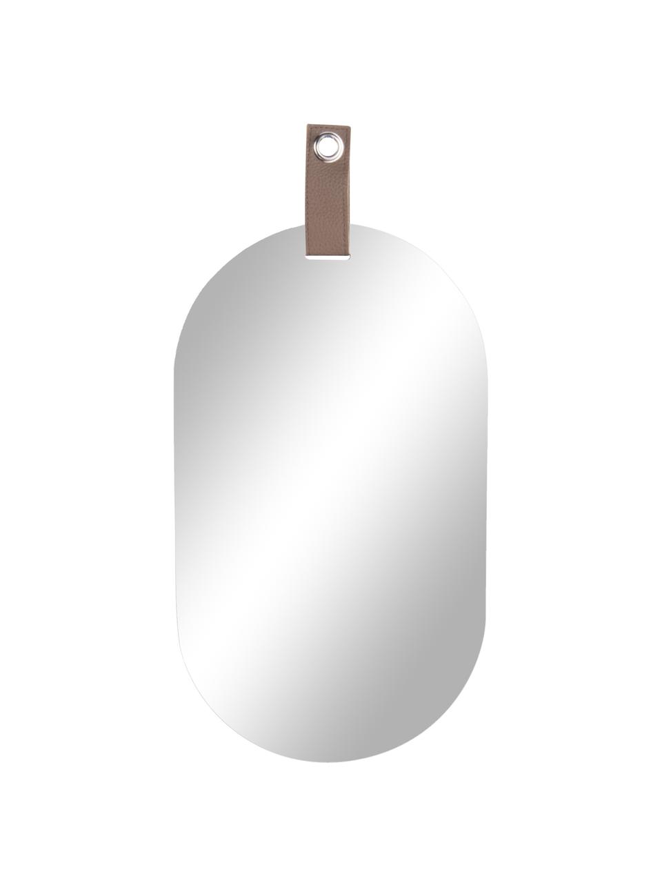 Ovale wandspiegel Perky met bruine ophangband, Spiegelglas, 22 x 39 cm