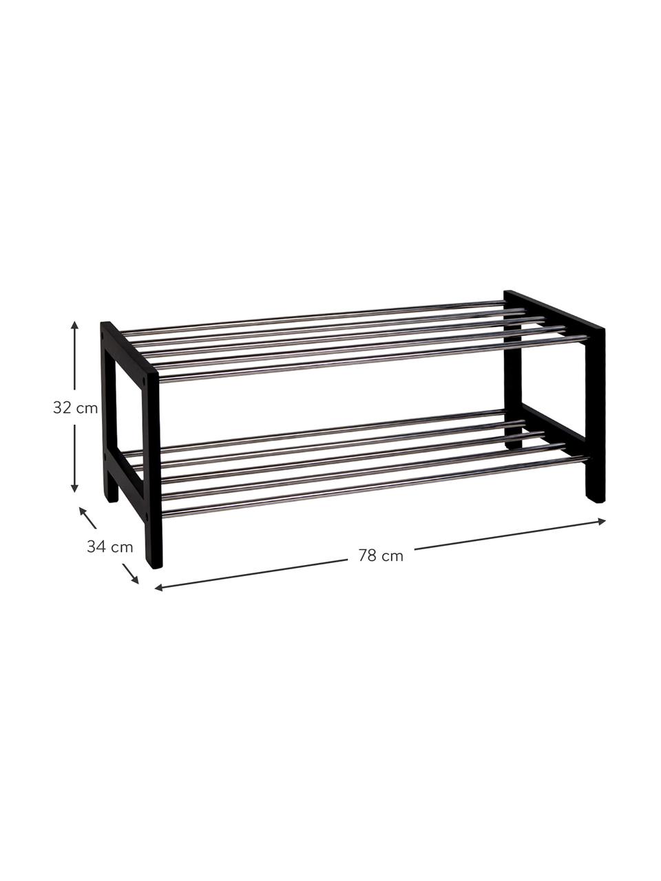 Schoenenrek Padova met twee schappen, Frame: gelakt populierenhout, Plateaus: staal, Zwart, staalkleurig, B 78 x H 32 cm