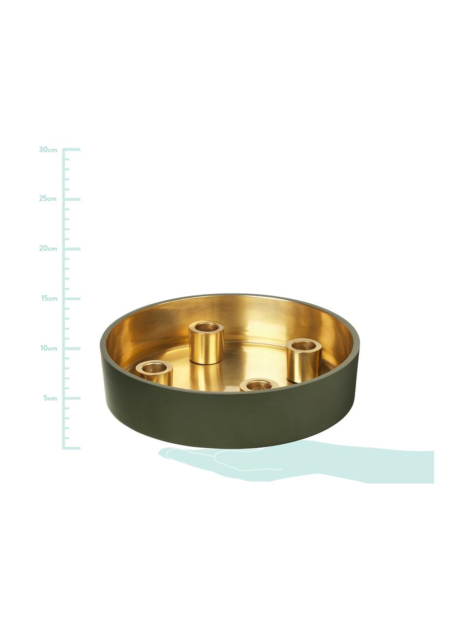 Kaarsenhouder Palma, Geëmailleerd aluminium, Buitenzijde: olijfgroen. Binnenzijde: goudkleurig, Ø 23 x H 6 cm