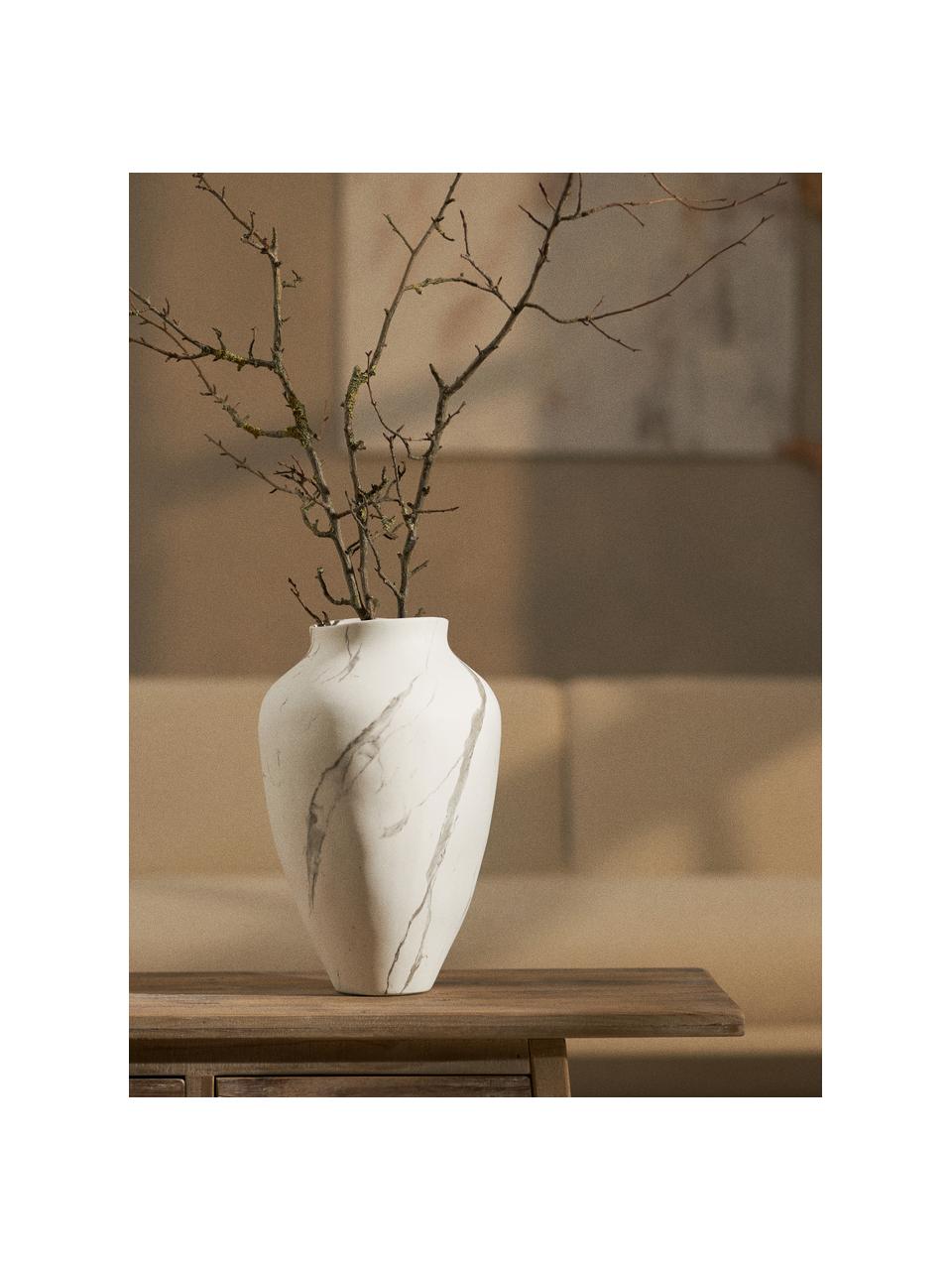 Handgefertigte Vase Latona, H 41 cm, Steingut, Weiß, Grau, marmoriert, matt, Ø 27 x H 41 cm