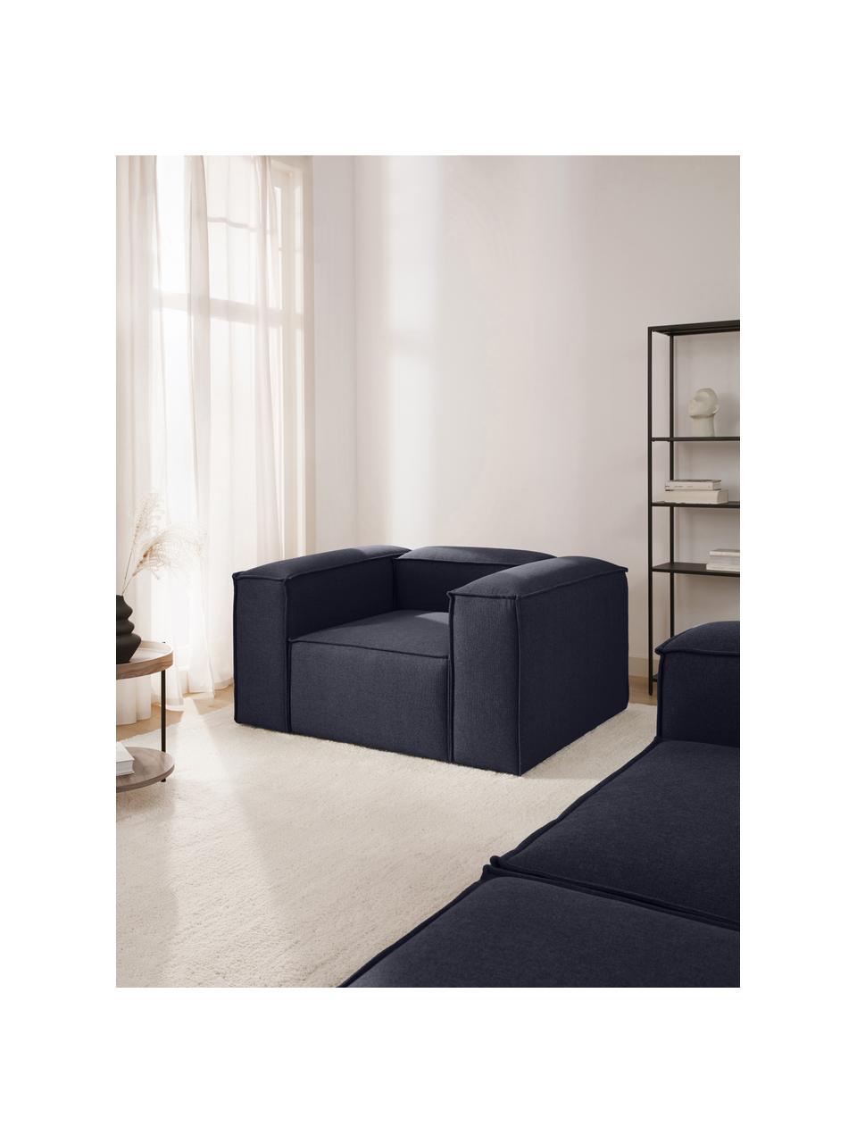 Fauteuil Lennon, Tissu bleu foncé, larg. 130 x prof. 101 cm