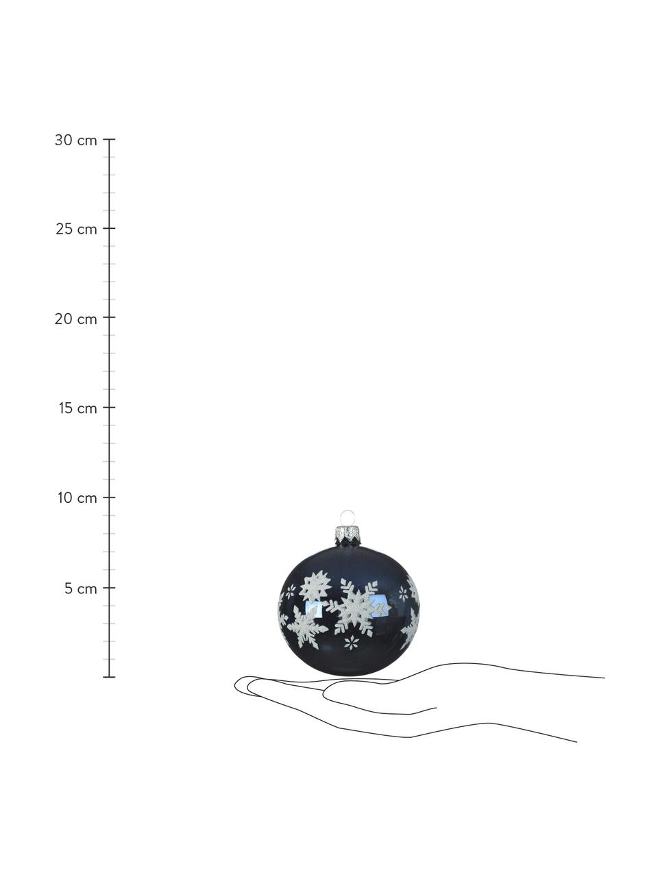 Mundgeblasene Weihnachtskugeln Snowflake, 6er-Set, Glas, Blautöne, Weiß, Silberfarben, Ø 8 x H 8 cm
