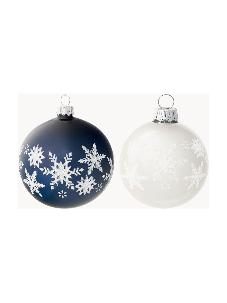 Mondgeblazen kerstballenset Snowflake Ø 8 cm, 6-delig, Glas, Blauwtinten, wit, zilverkleurig, Ø 8 x H 8 cm