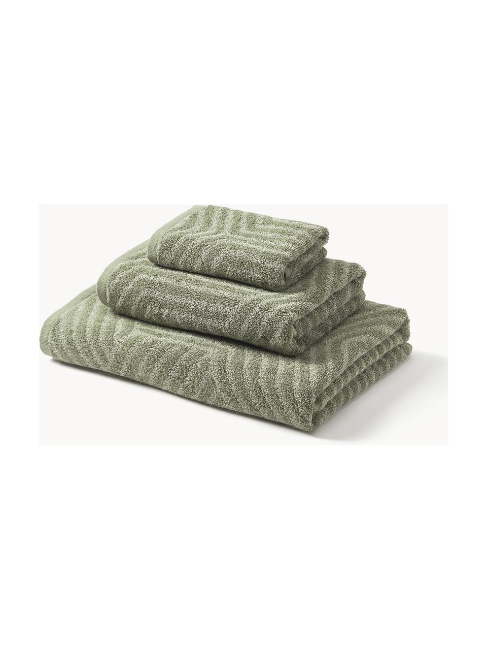 Set de toallas Fatu, tamaños diferentes, Tonos de verde oliva, Set de 3 (toalla tocador, toalla lavabo y toalla de ducha)